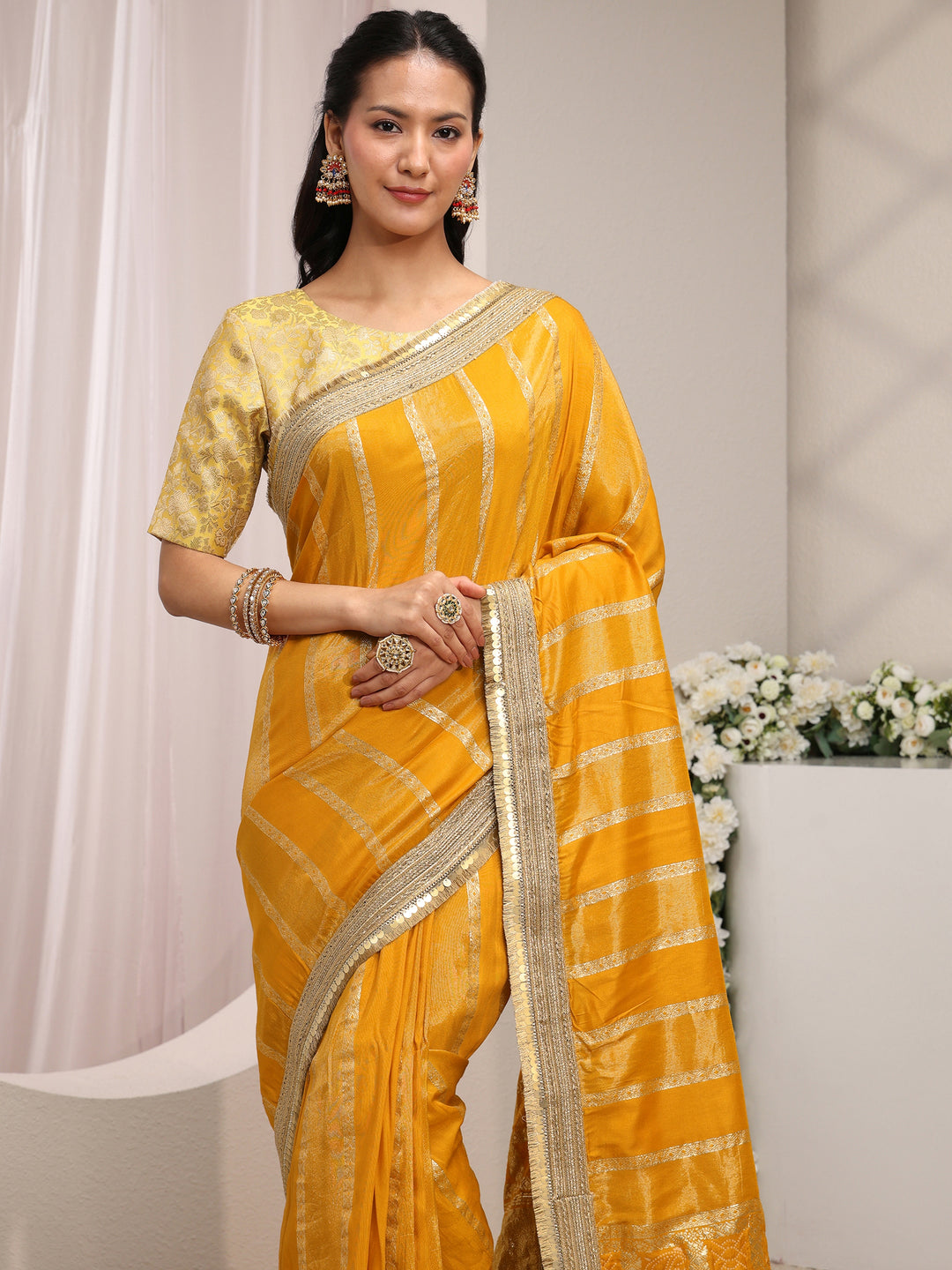  Mustard Striped Woven Design Chiffon Saree With Unstitched Blouse Piece 