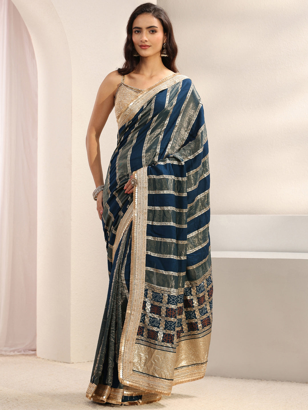  Navy Blue Striped Woven Design Chiffon Saree With Unstitched Blouse Piece 