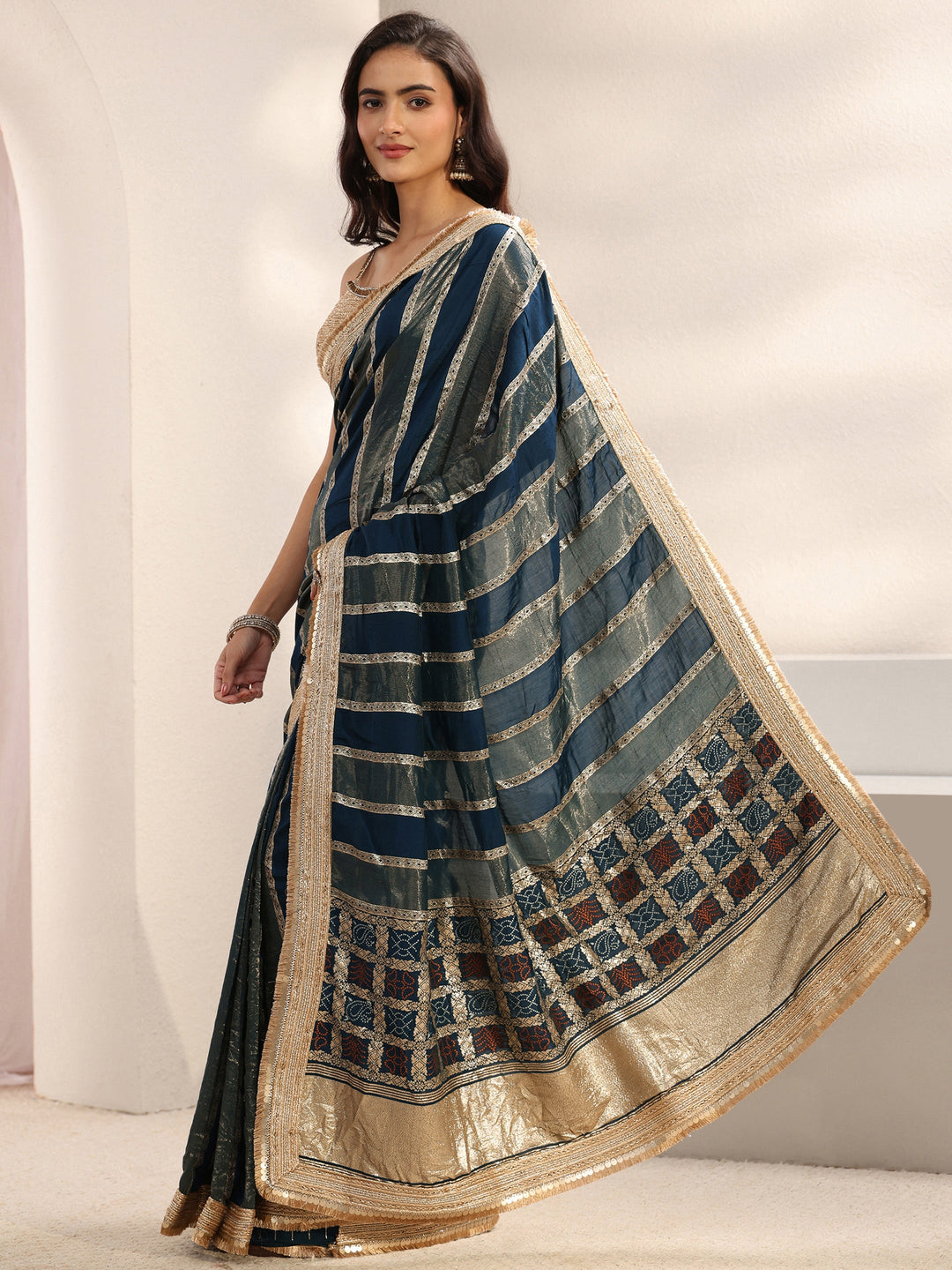  Navy Blue Striped Woven Design Chiffon Saree With Unstitched Blouse Piece 
