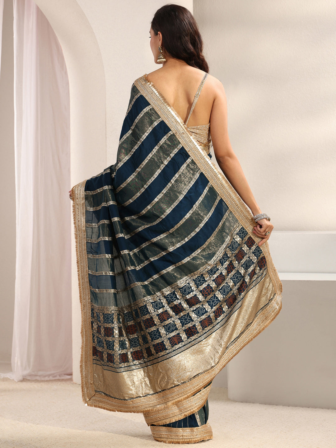  Navy Blue Striped Woven Design Chiffon Saree With Unstitched Blouse Piece 