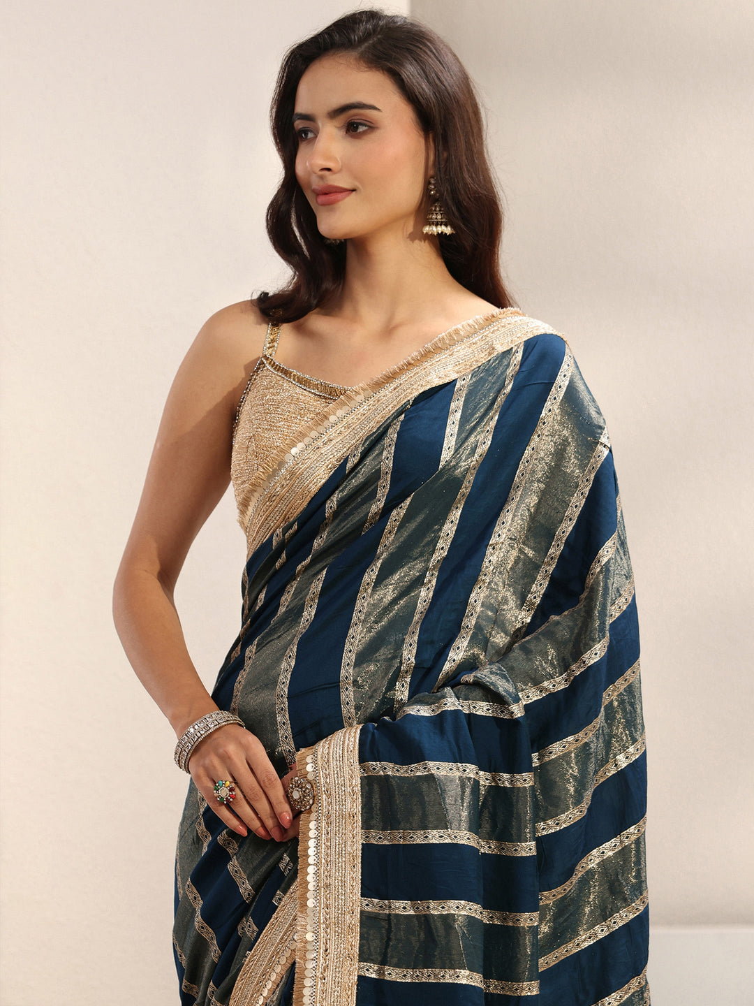  Navy Blue Striped Woven Design Chiffon Saree With Unstitched Blouse Piece 