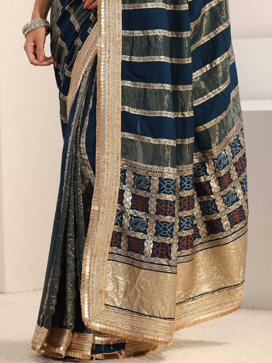  Navy Blue Striped Woven Design Chiffon Saree With Unstitched Blouse Piece 
