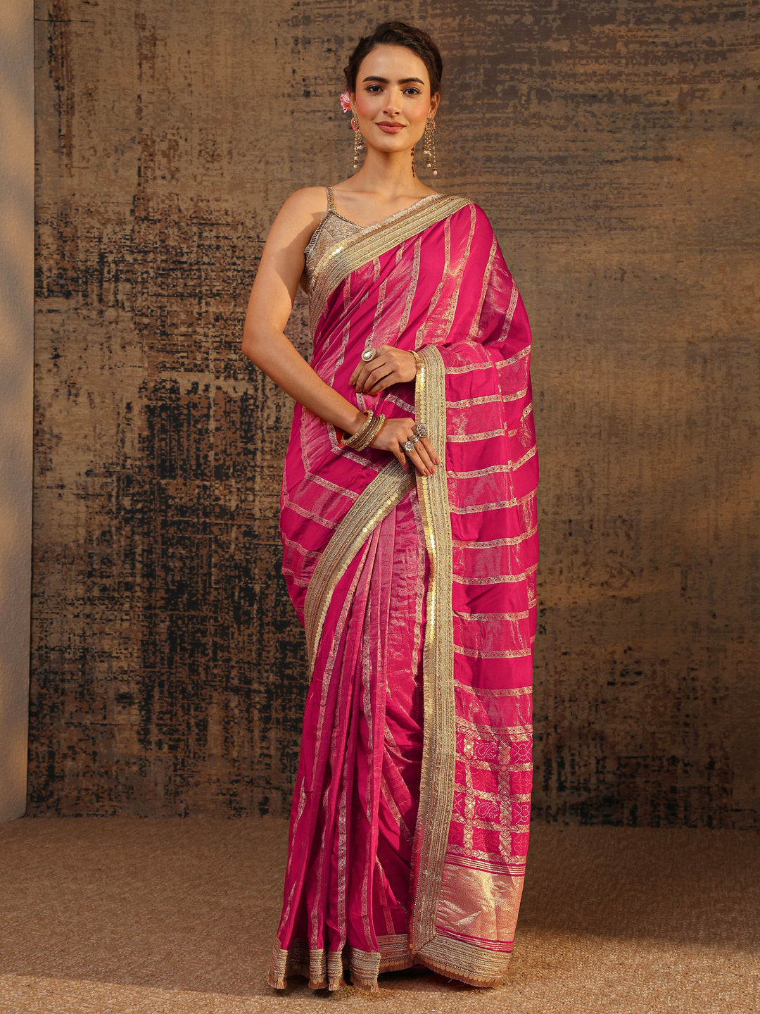 Pink Ethnic Motifs Woven Design Pure Chiffon Saree With Unstitched Blouse Piece 