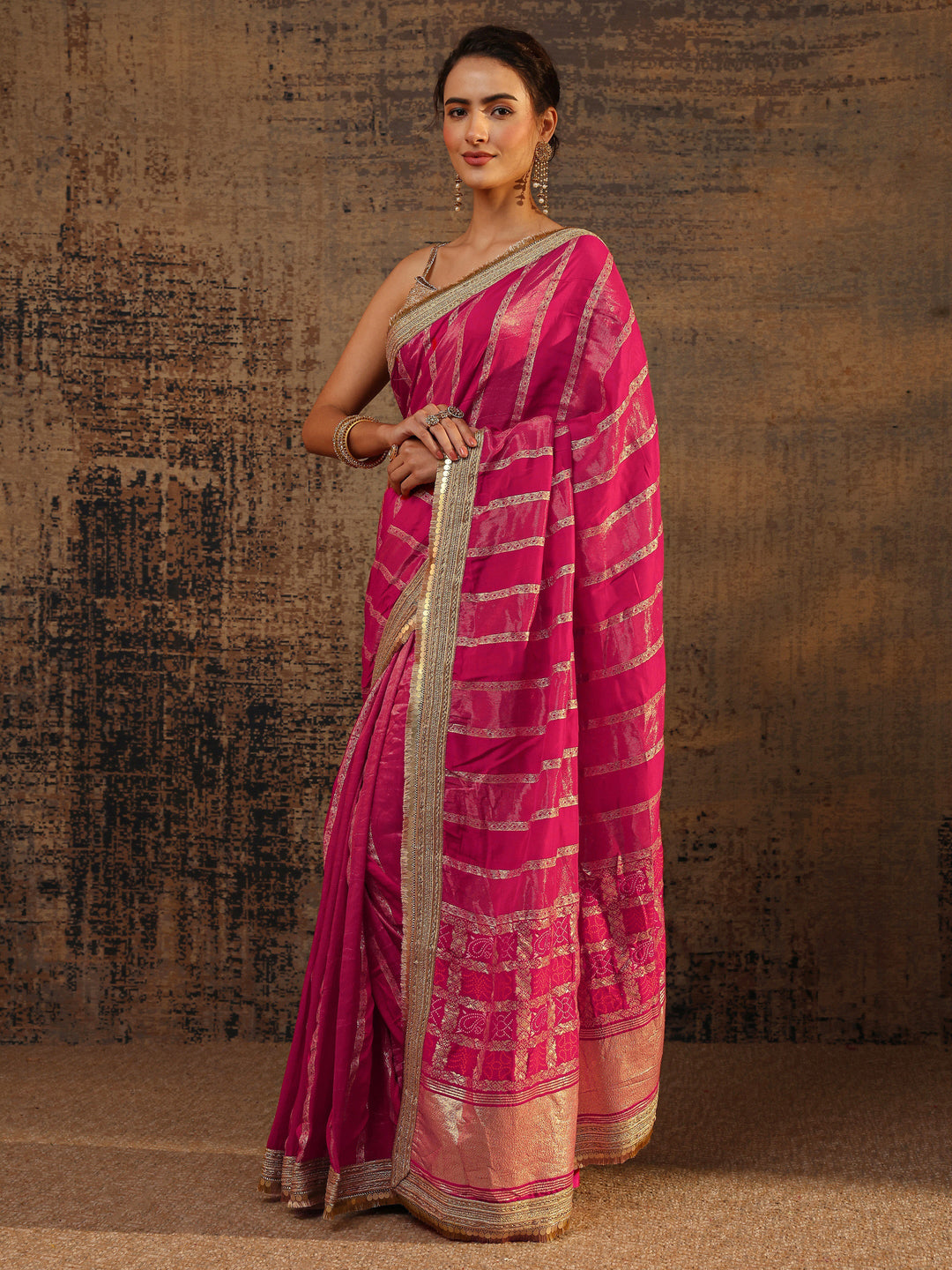 Pink Ethnic Motifs Woven Design Pure Chiffon Saree With Unstitched Blouse Piece 