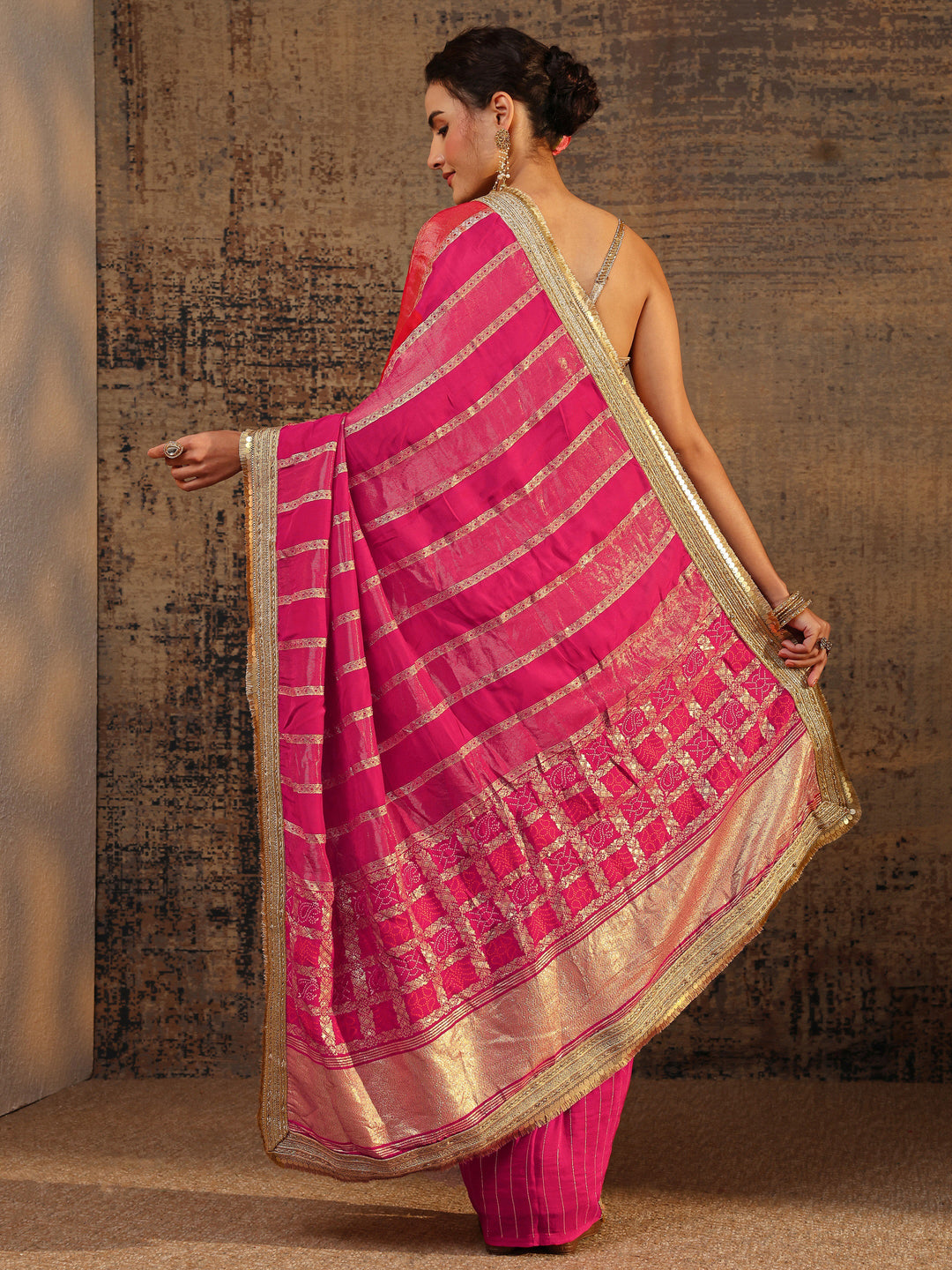  Pink Ethnic Motifs Woven Design Pure Chiffon Saree With Unstitched Blouse Piece 