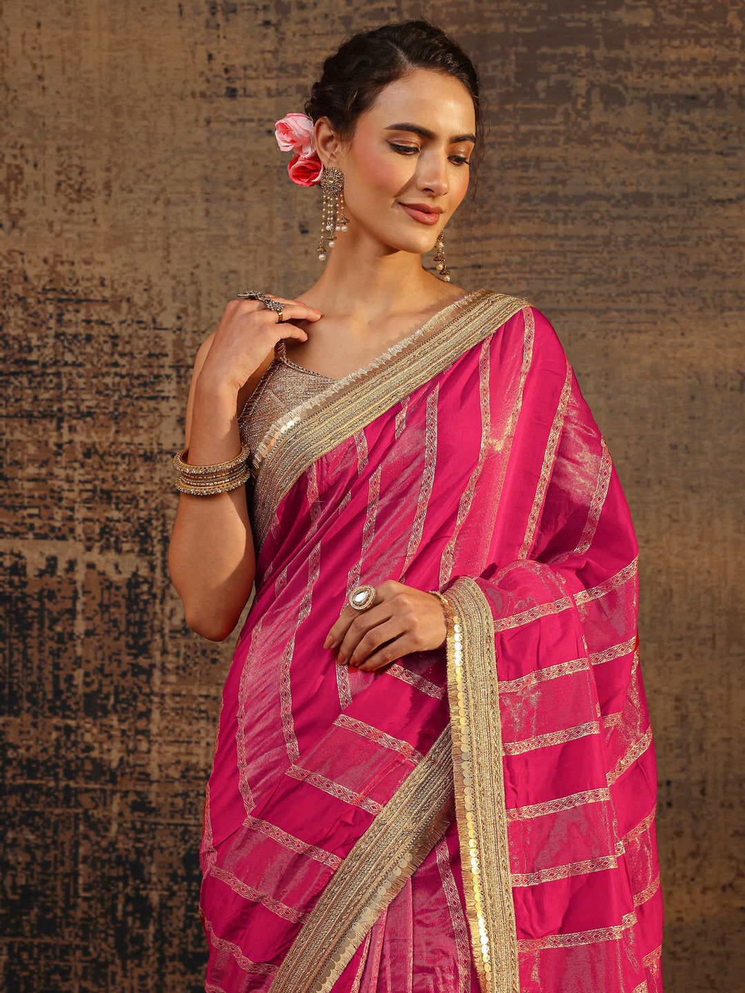  Pink Ethnic Motifs Woven Design Pure Chiffon Saree With Unstitched Blouse Piece 