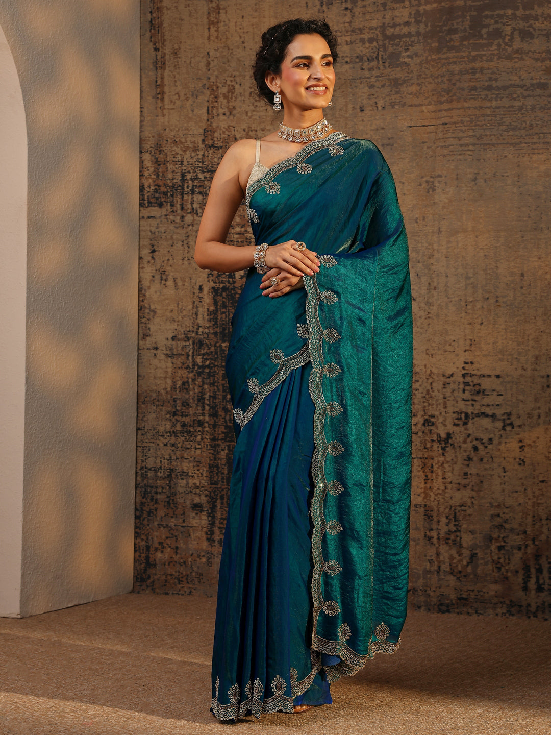  Blue Solid Satin Saree With Unstitched Blouse Piece 