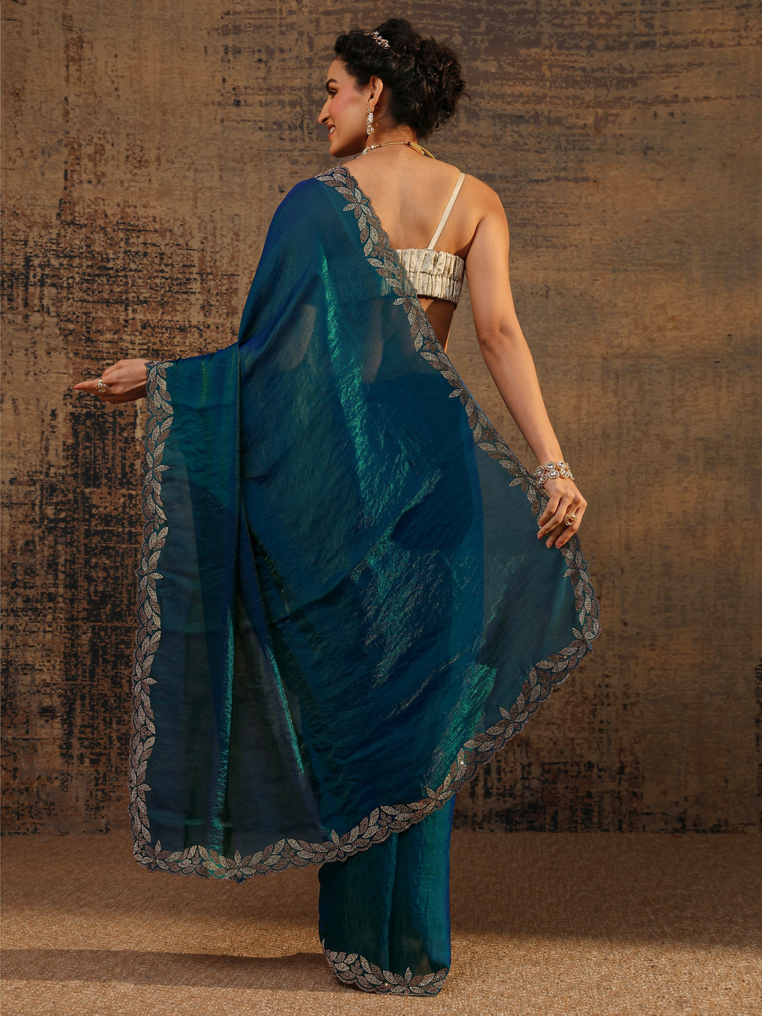  Blue Solid Satin Saree With Unstitched Blouse Piece 