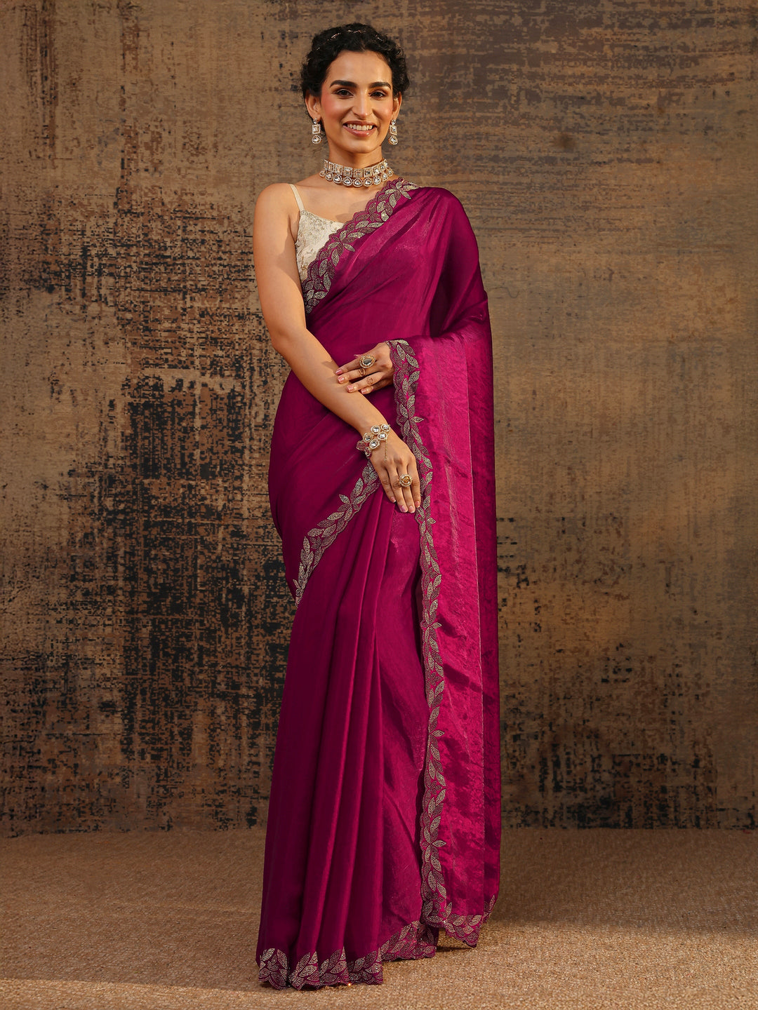 Pink Solid Satin Saree With Unstitched Blouse Piece 