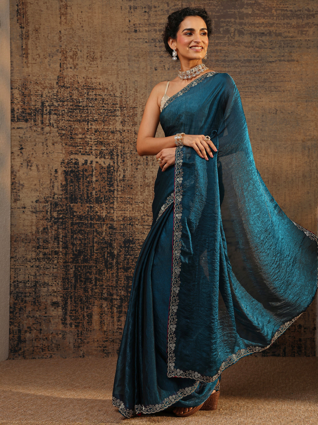  Blue Solid Satin Saree With Unstitched Blouse Piece 