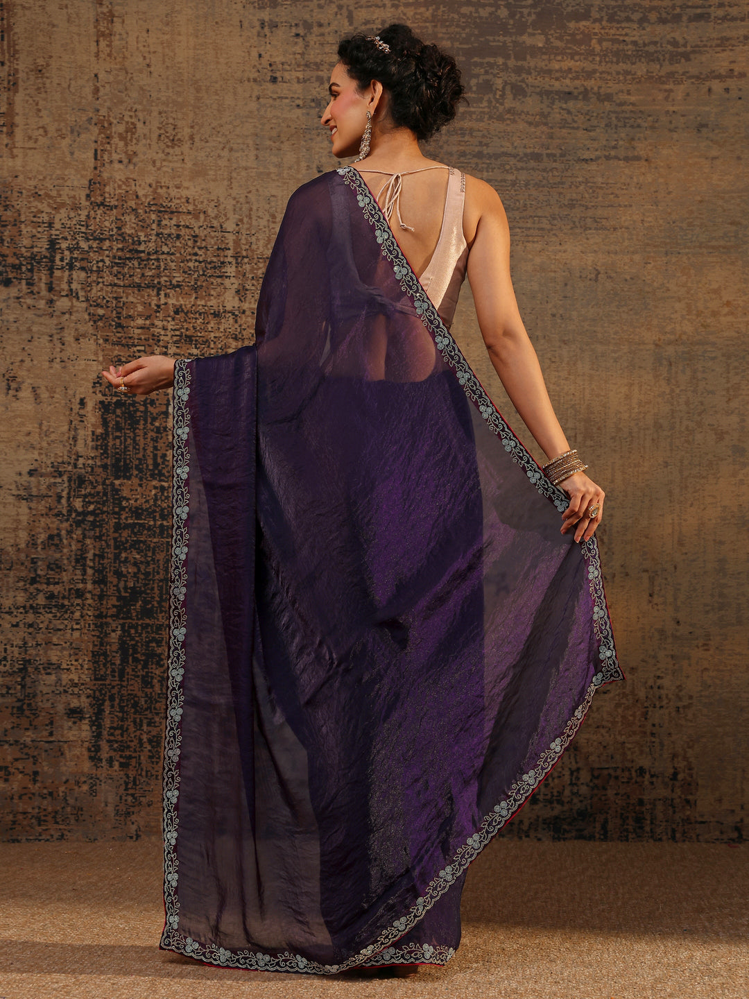  Purple Solid Satin Saree With Unstitched Blouse Piece 