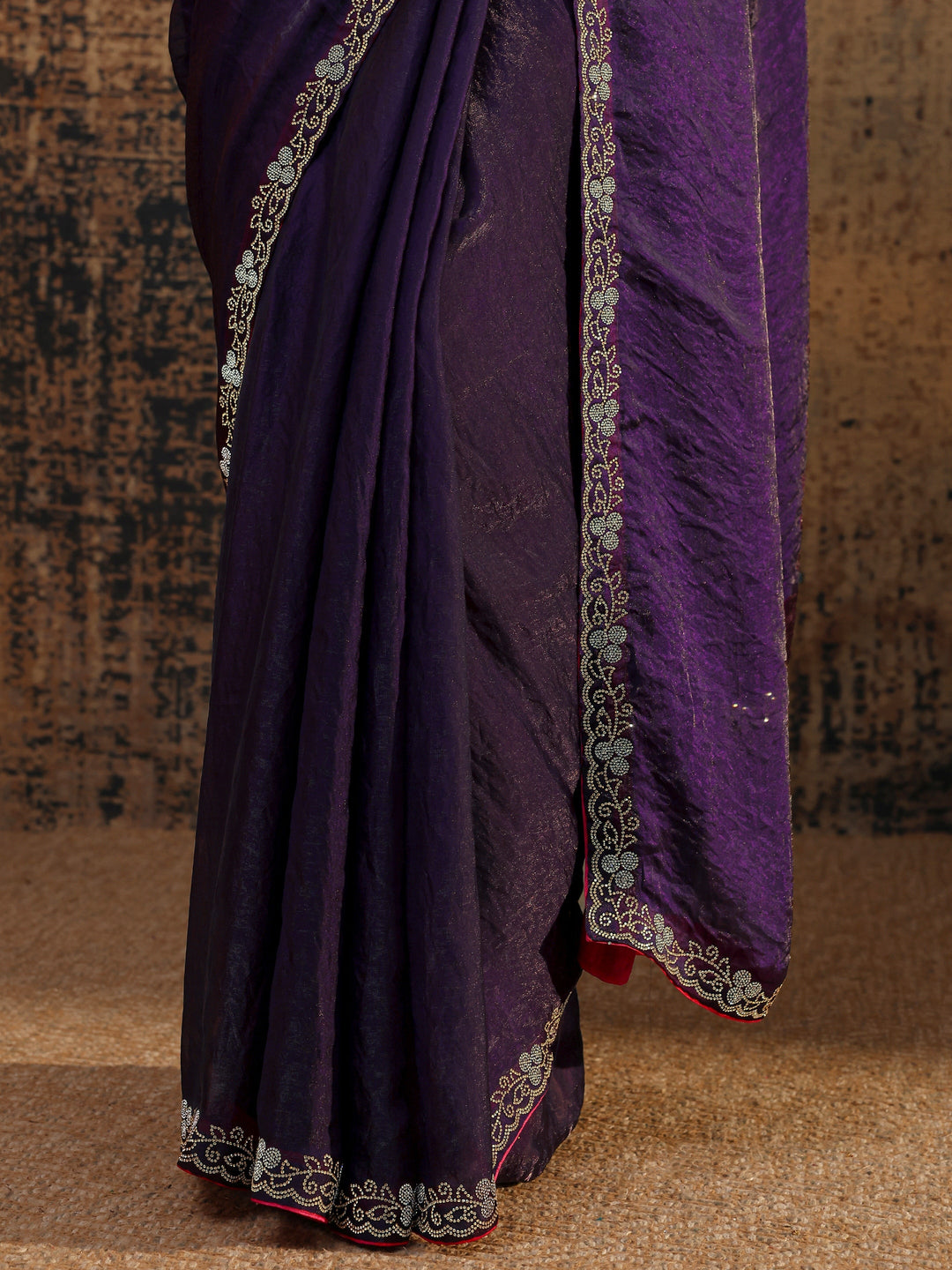  Purple Solid Satin Saree With Unstitched Blouse Piece 