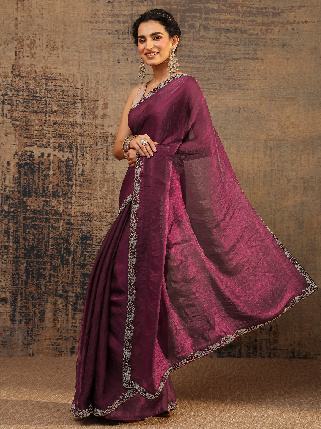  Burgundy Solid Satin Saree With Unstitched Blouse Piece 
