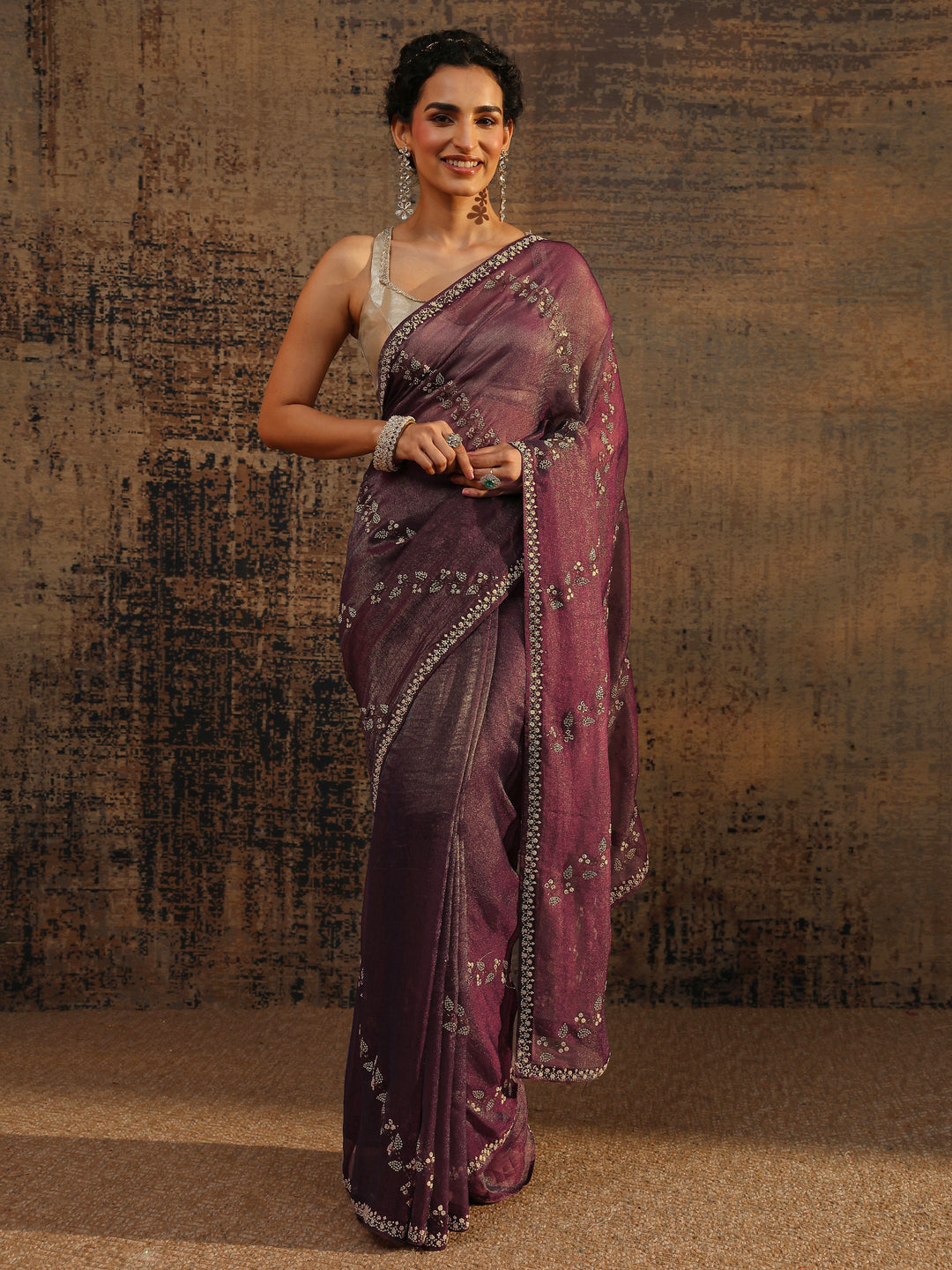  Burgundy Floral Embellished Tissue Saree With Unstitched Blouse Piece 