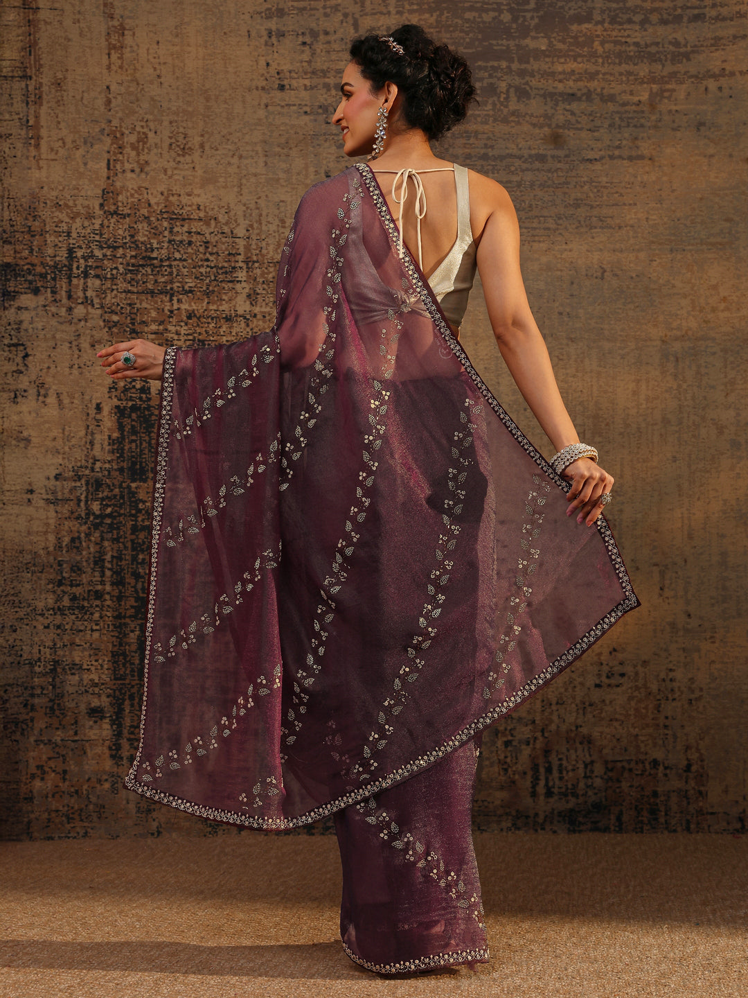  Burgundy Floral Embellished Tissue Saree With Unstitched Blouse Piece 