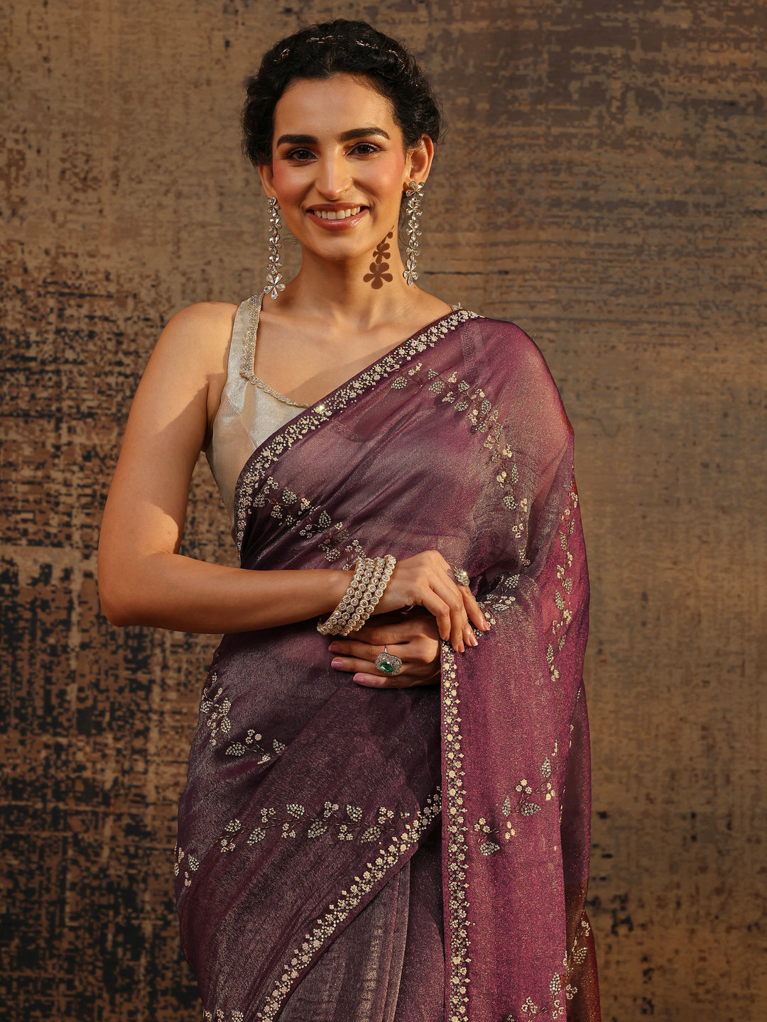  Burgundy Floral Embellished Tissue Saree With Unstitched Blouse Piece 