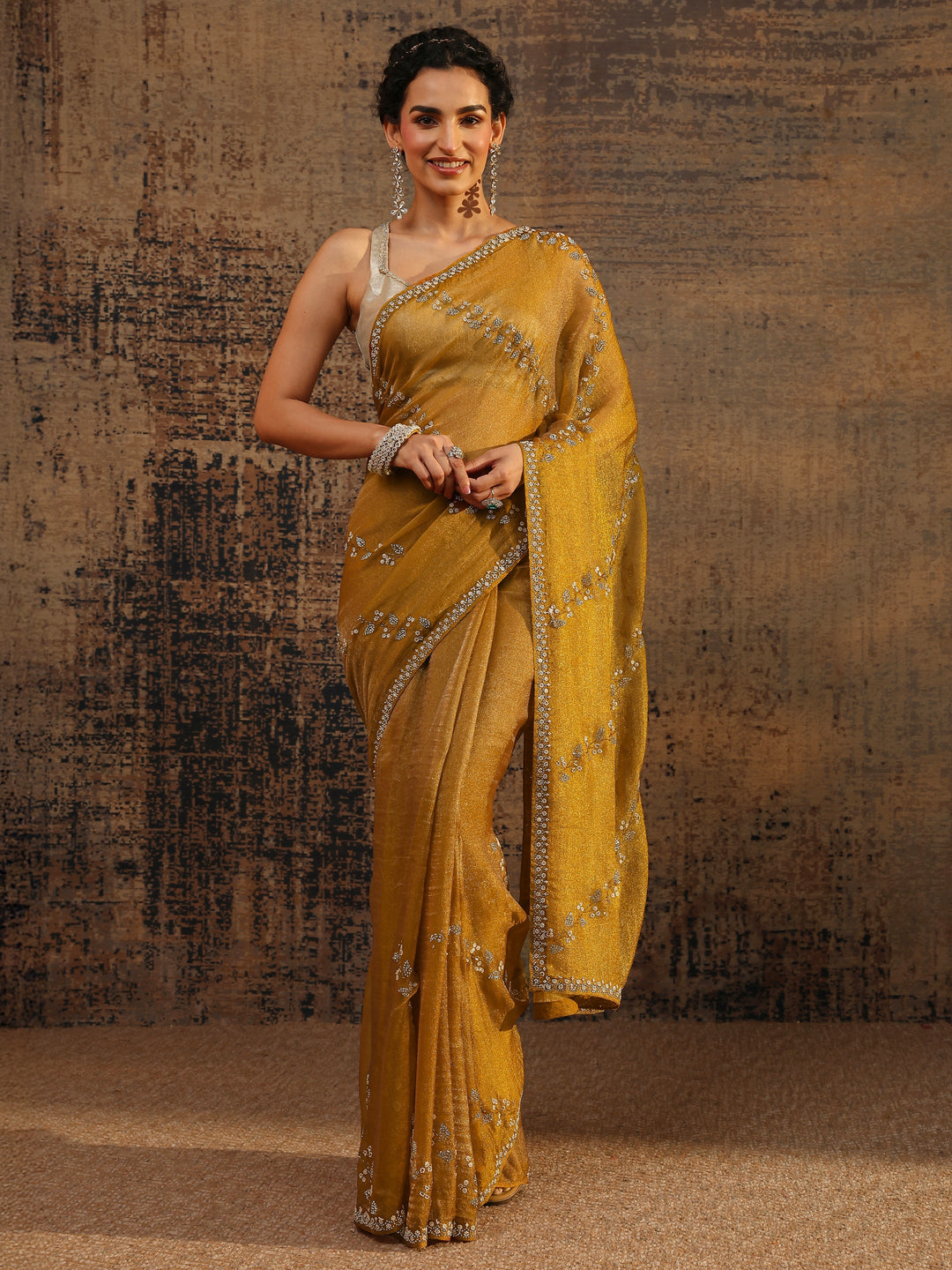  Mustard Floral Embellished Tissue Saree With Unstitched Blouse Piece 