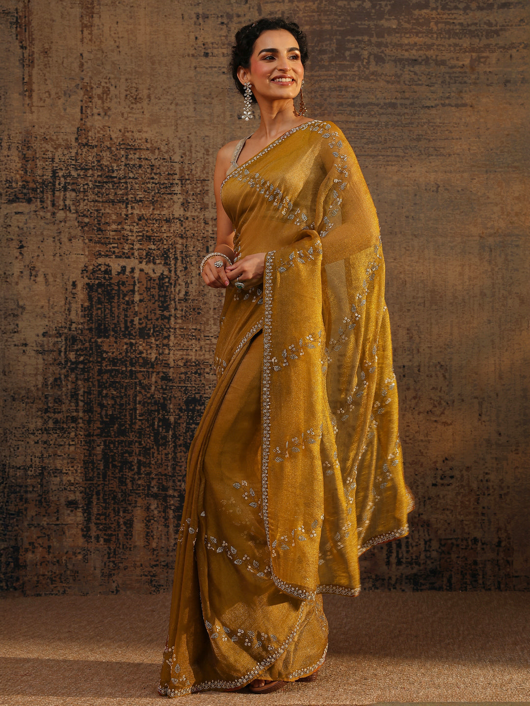  Mustard Floral Embellished Tissue Saree With Unstitched Blouse Piece 