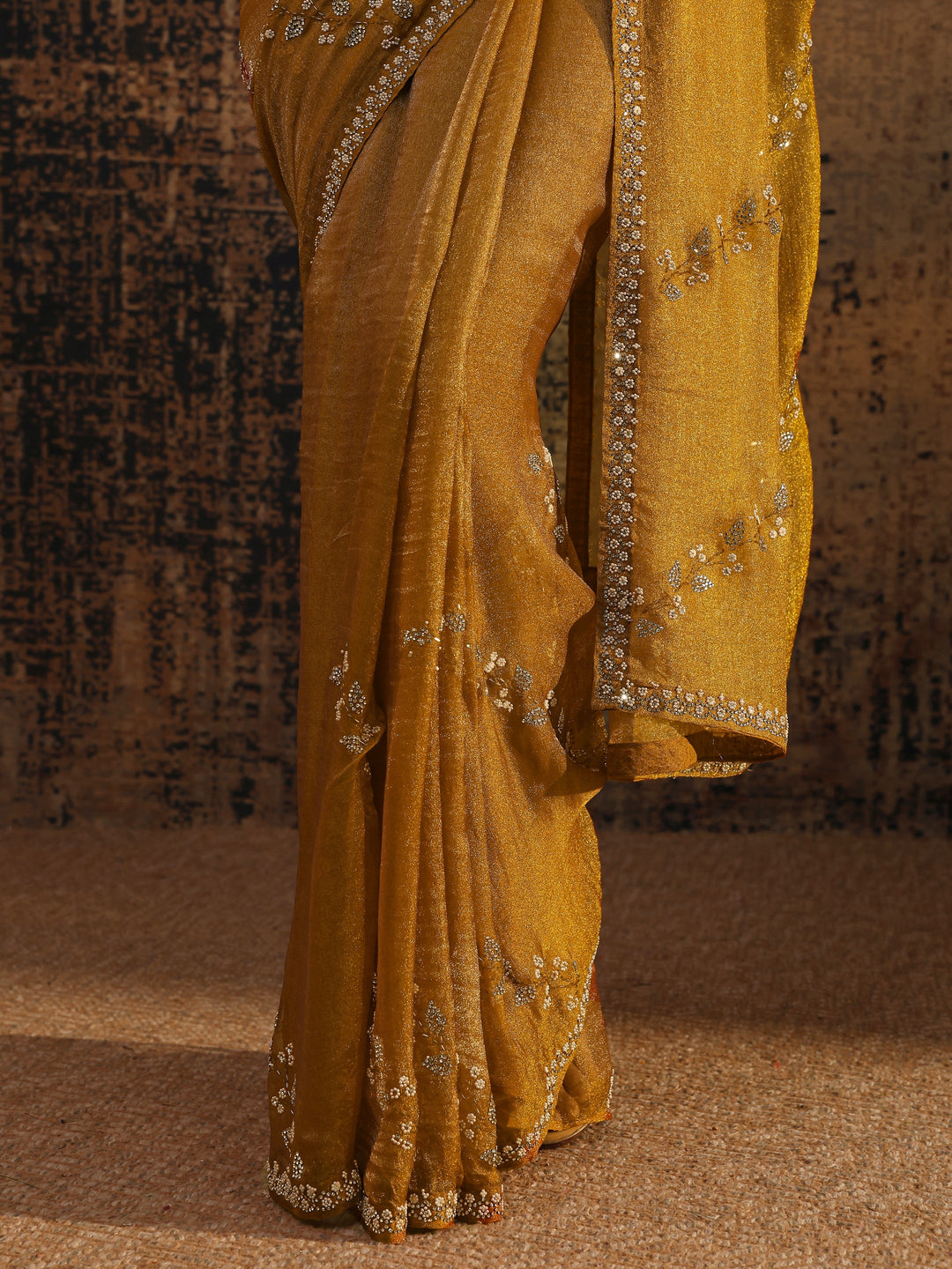  Mustard Floral Embellished Tissue Saree With Unstitched Blouse Piece 