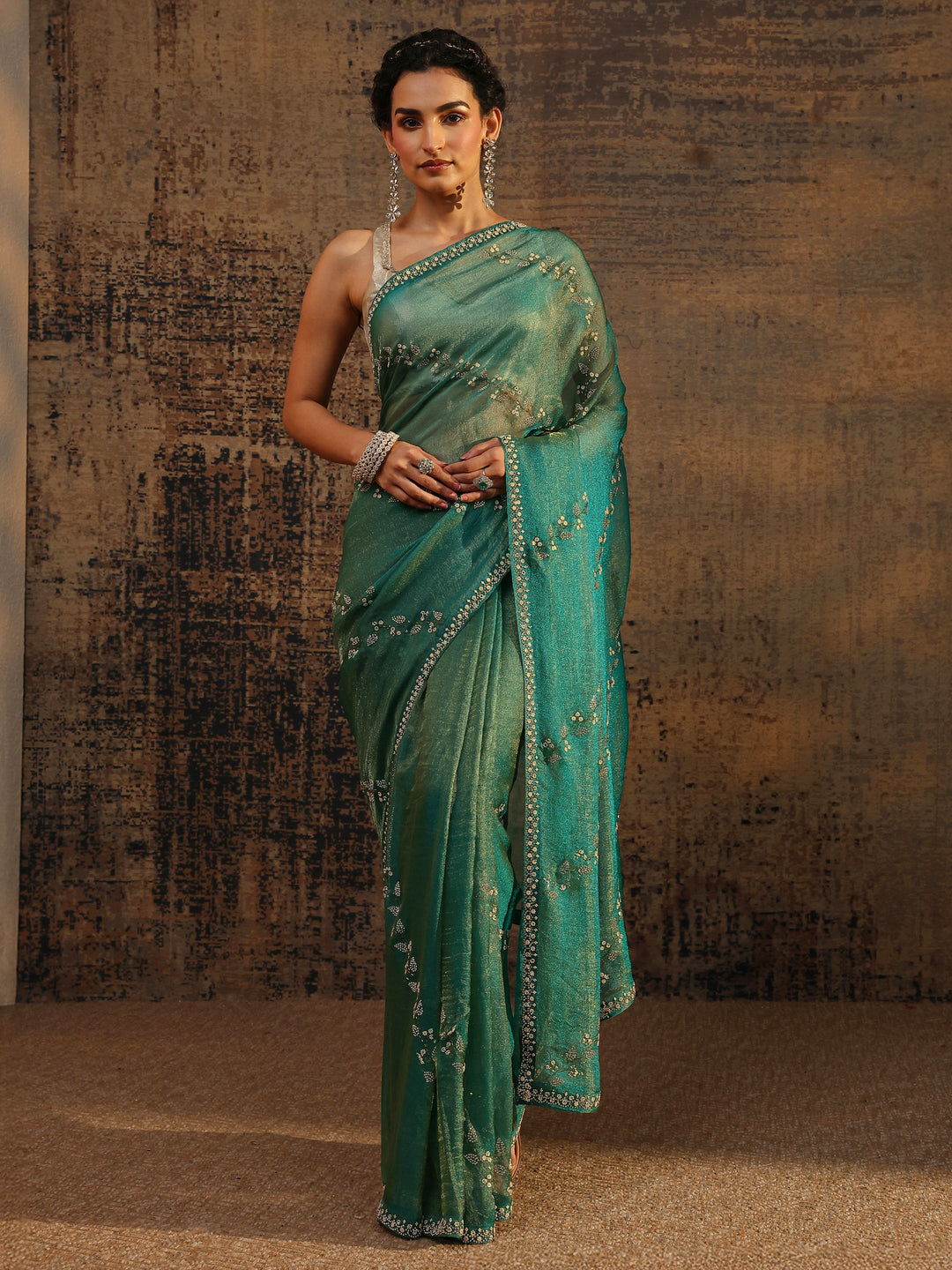  Green Floral Embellished Tissue Saree With Unstitched Blouse Piece 