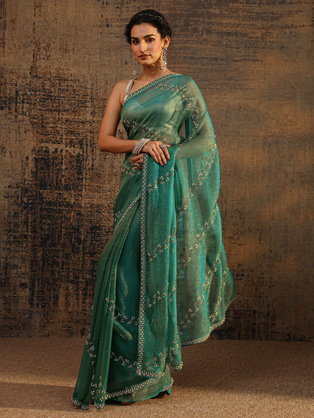  Green Floral Embellished Tissue Saree With Unstitched Blouse Piece 