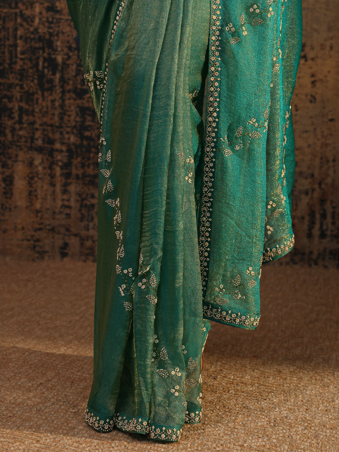  Green Floral Embellished Tissue Saree With Unstitched Blouse Piece 