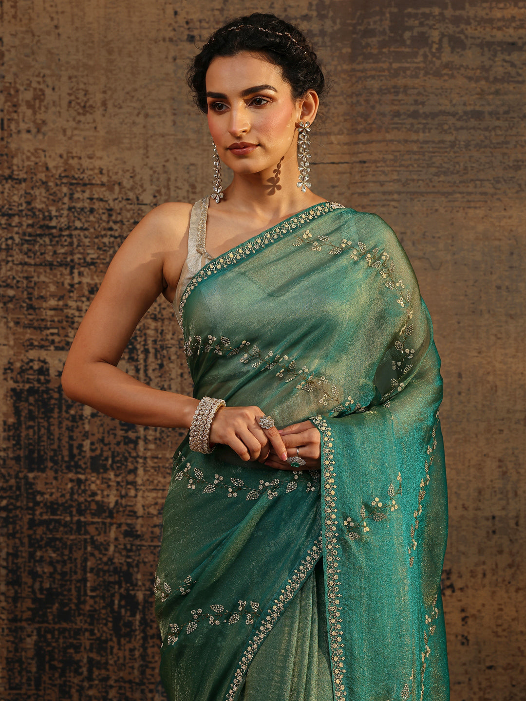  Green Floral Embellished Tissue Saree With Unstitched Blouse Piece 