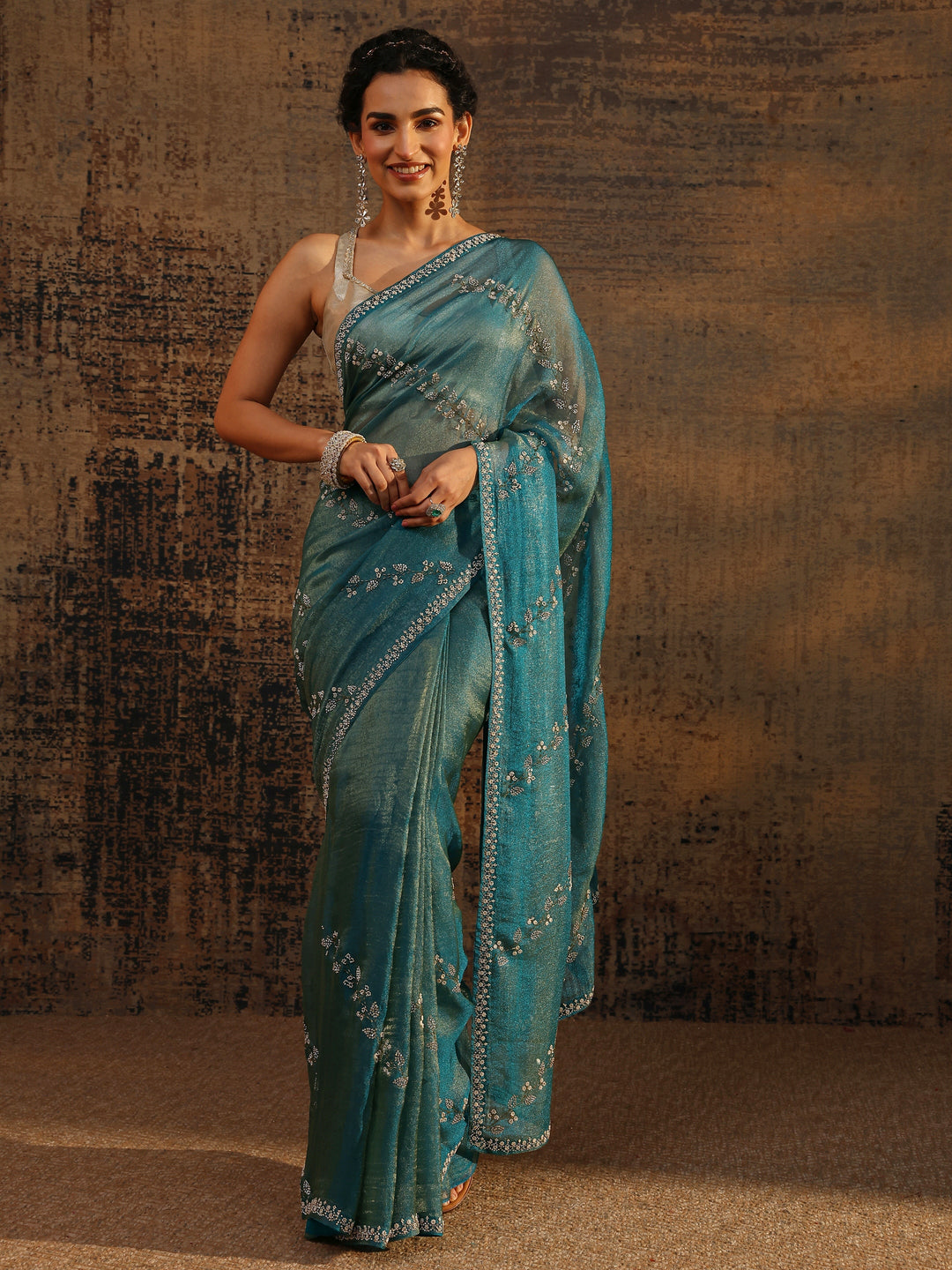  Blue Floral Embellished Tissue Saree With Unstitched Blouse Piece 
