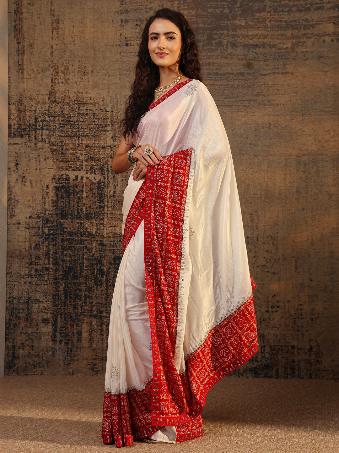  Cream Bandhani Embellished Silk Blend Saree With Unstitched Blouse Piece 