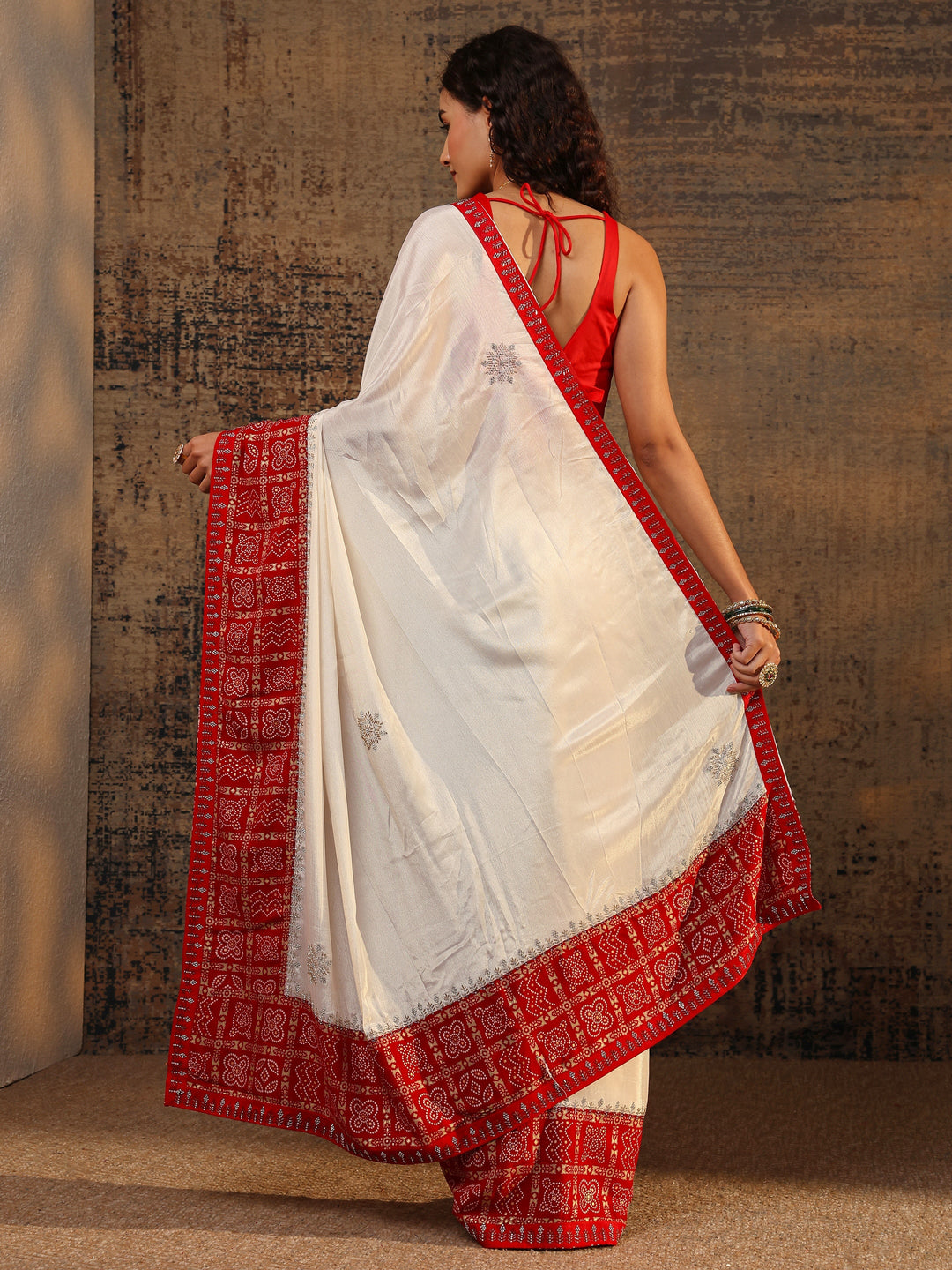  Cream Bandhani Embellished Silk Blend Saree With Unstitched Blouse Piece 