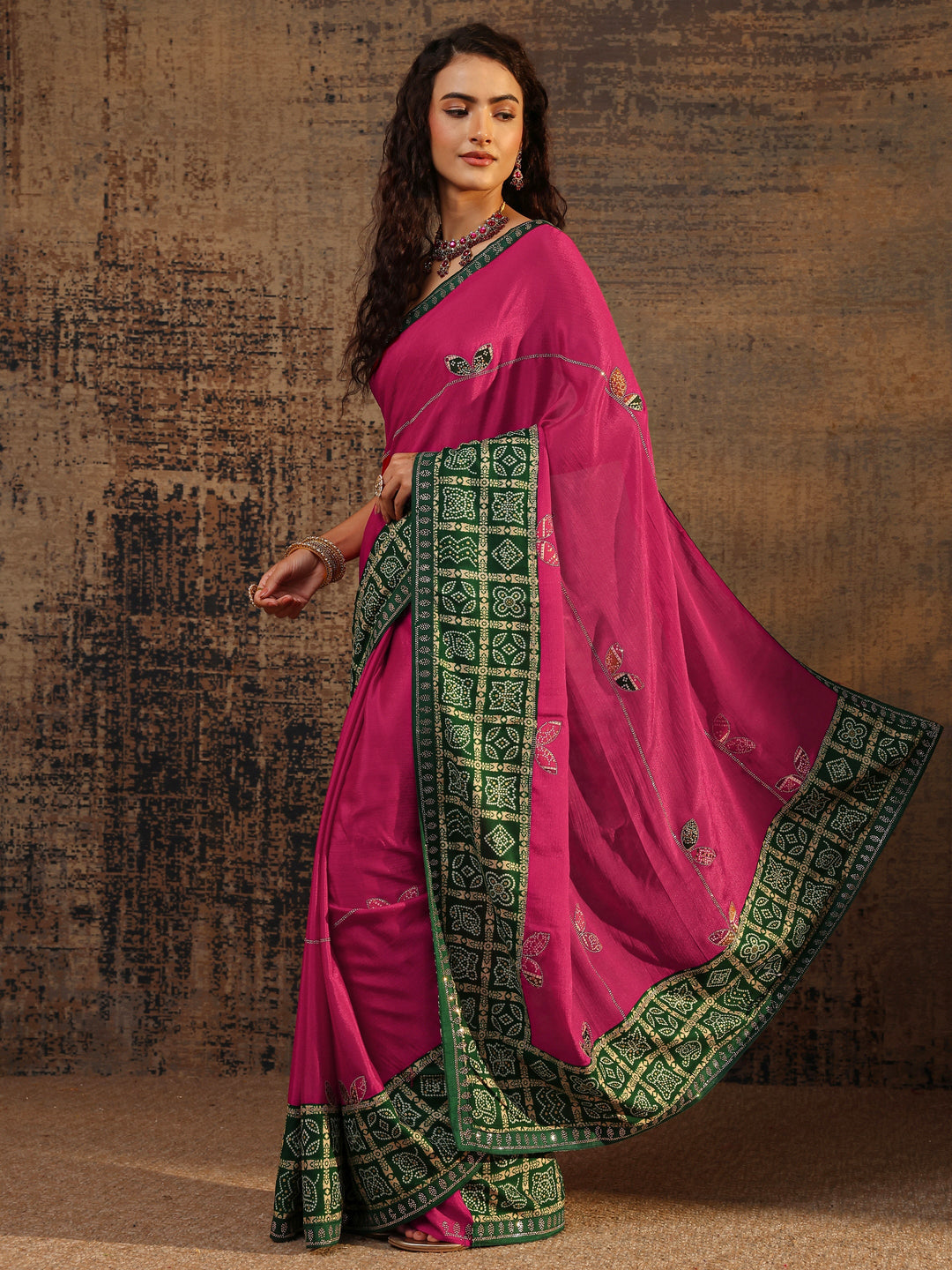  Pink Bandhani Embellished Silk Blend Saree With Unstitched Blouse Piece 