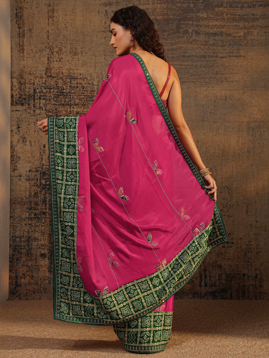  Pink Bandhani Embellished Silk Blend Saree With Unstitched Blouse Piece 