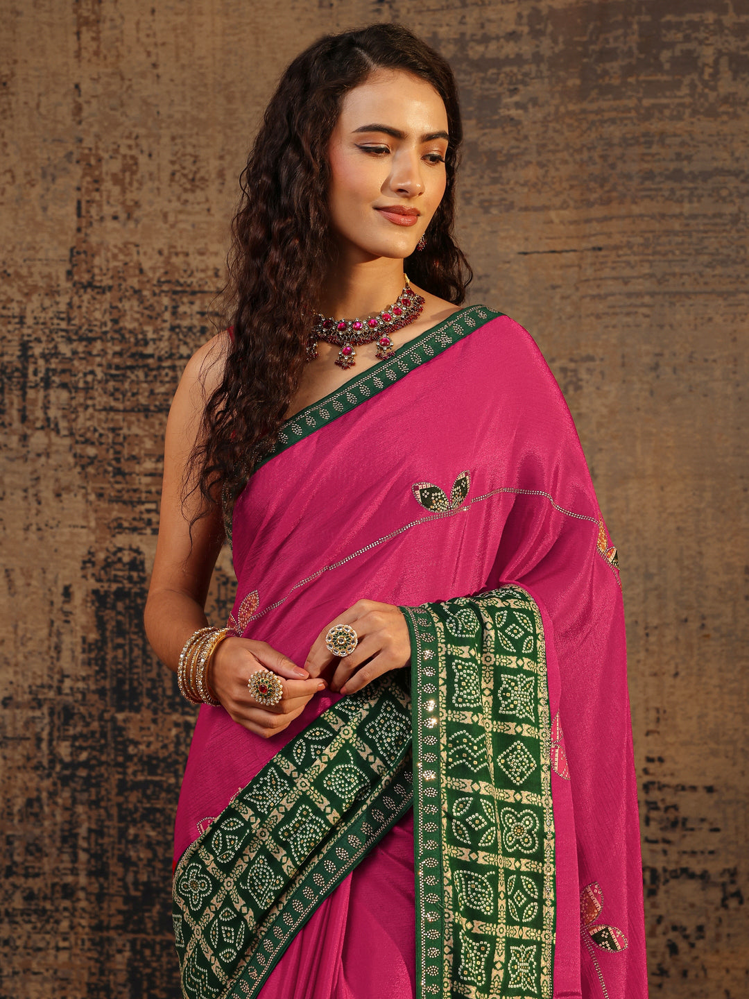  Pink Bandhani Embellished Silk Blend Saree With Unstitched Blouse Piece 