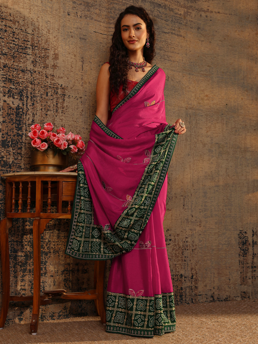  Pink Bandhani Embellished Silk Blend Saree With Unstitched Blouse Piece 