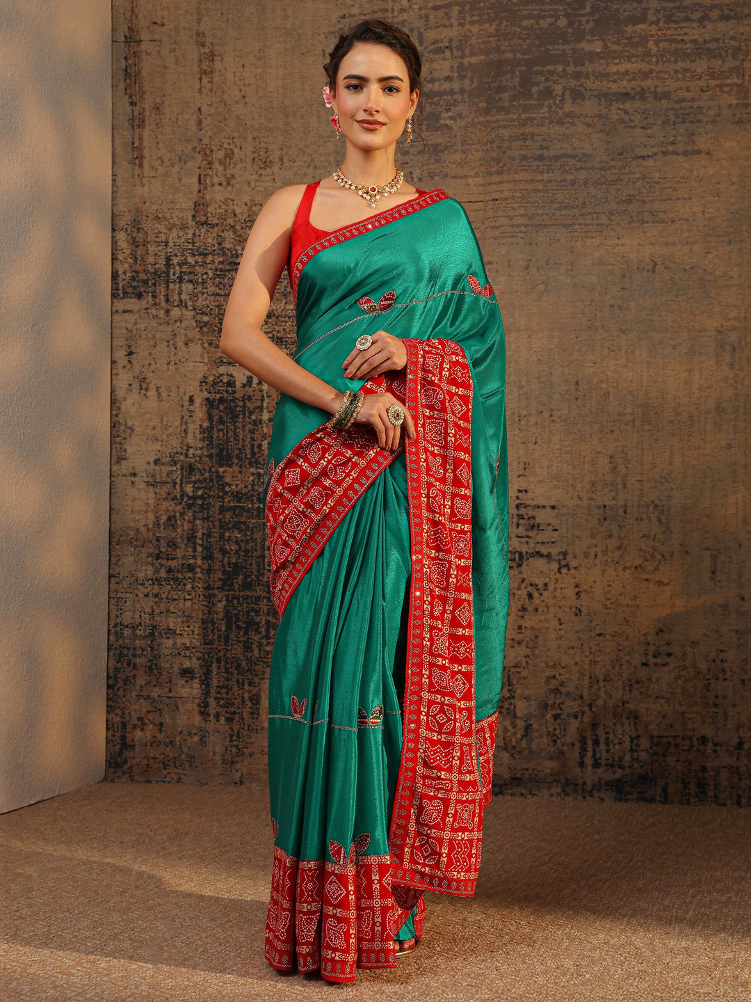  Green Bandhani Embellished Silk Blend Saree With Unstitched Blouse Piece 