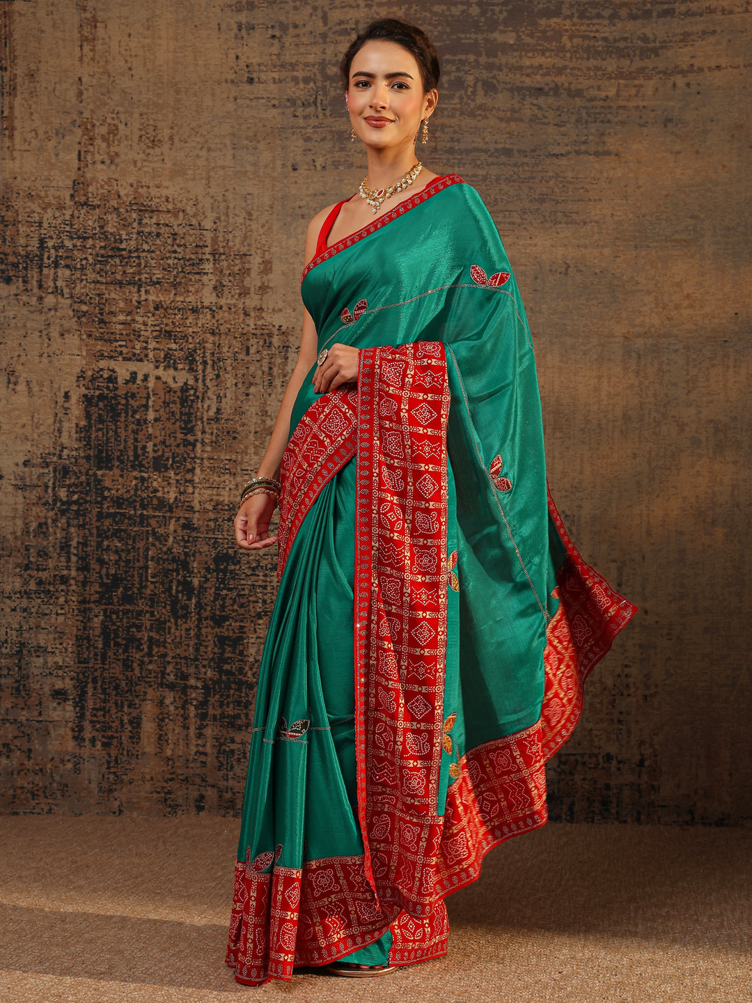  Green Bandhani Embellished Silk Blend Saree With Unstitched Blouse Piece 