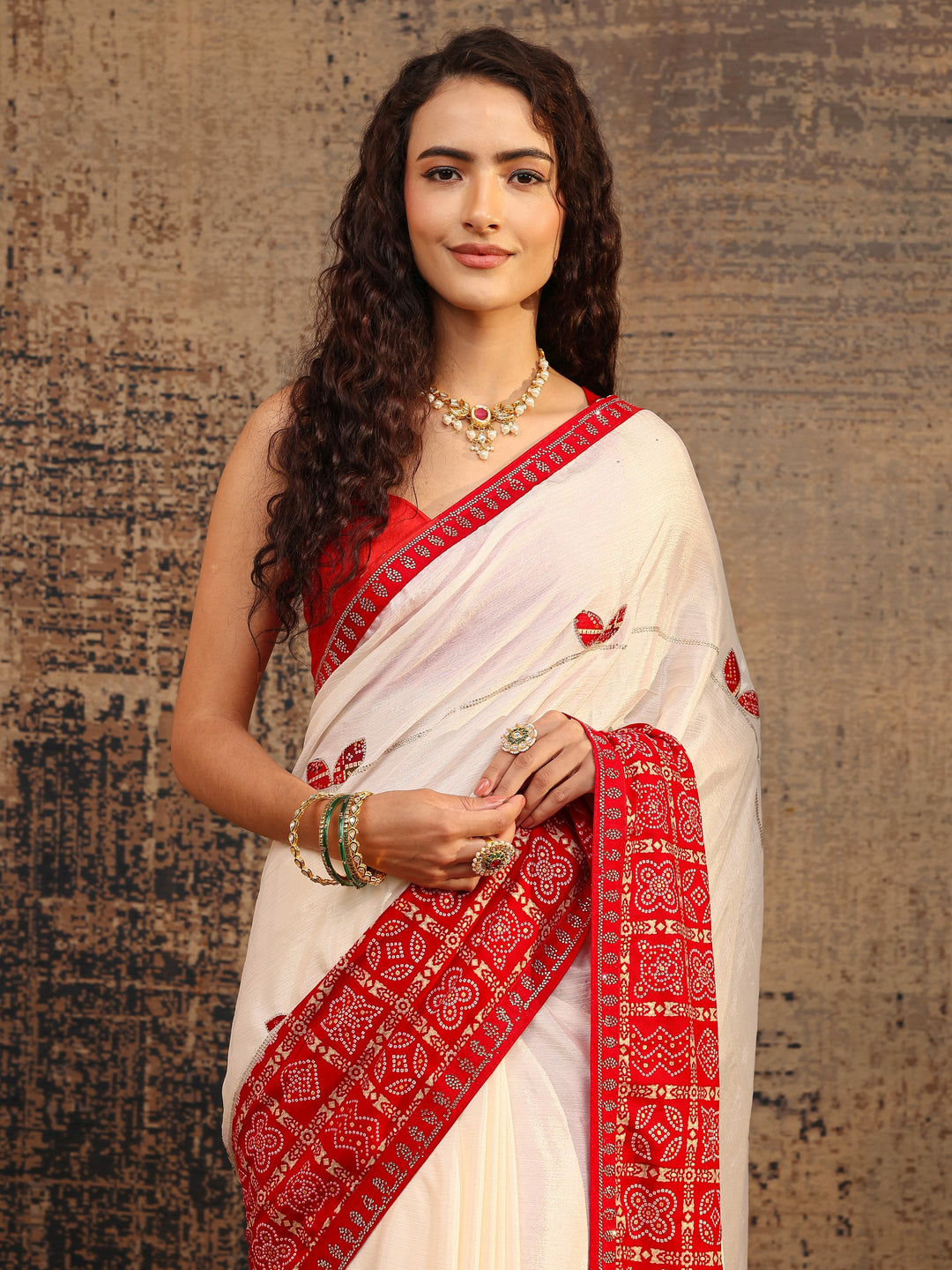  Cream Bandhani Embellished Silk Blend Saree With Unstitched Blouse Piece 