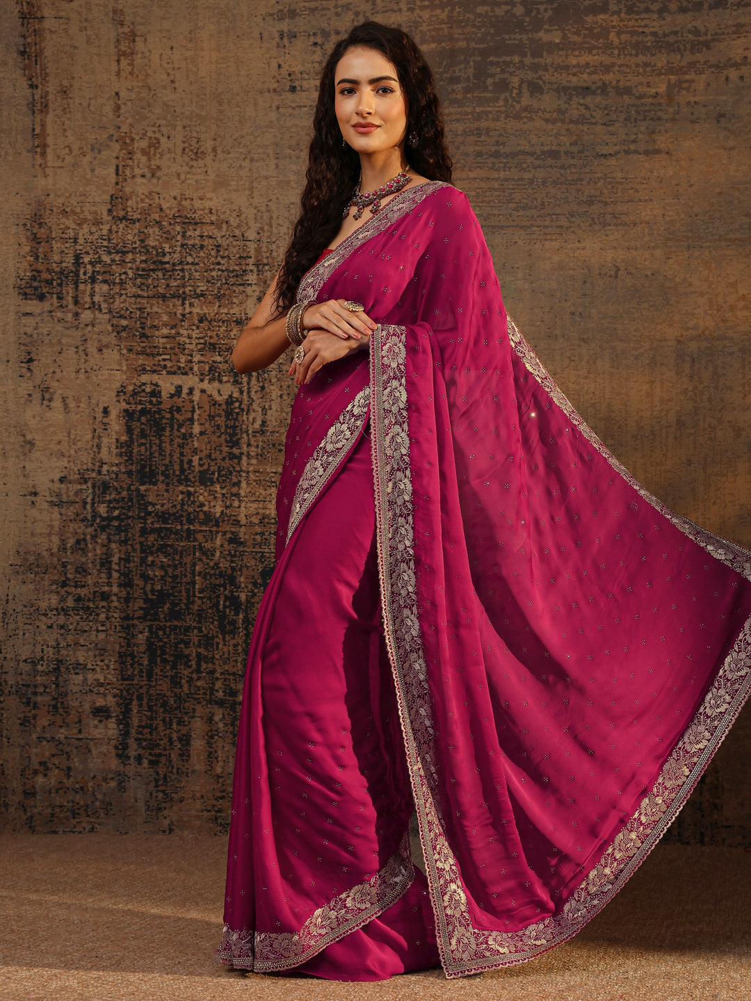  Pink Embellished Silk Blend Saree With Unstitched Blouse Piece 