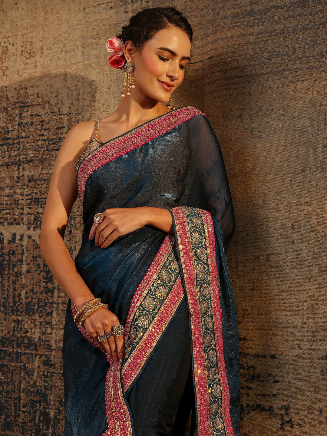  Navy Blue Solid Tissue Saree With Unstitched Blouse Piece 