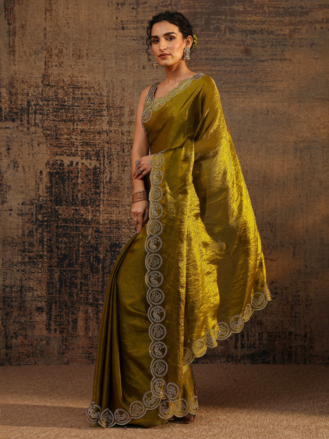  Olive Solid Tissue Saree With Unstitched Blouse Piece 