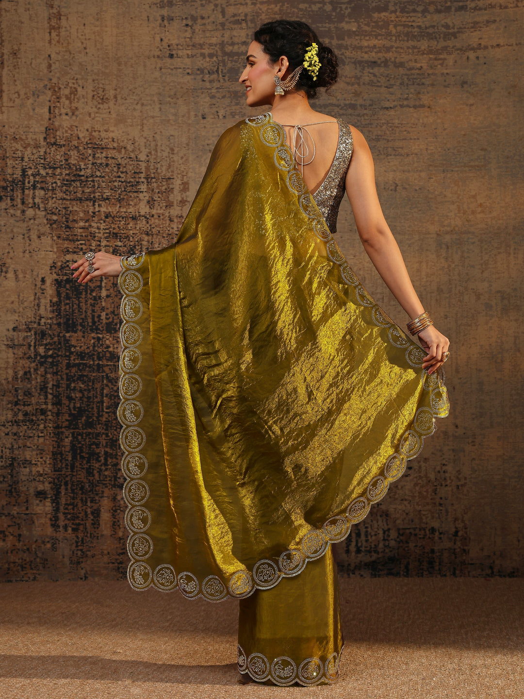 Olive Solid Tissue Saree With Unstitched Blouse Piece 