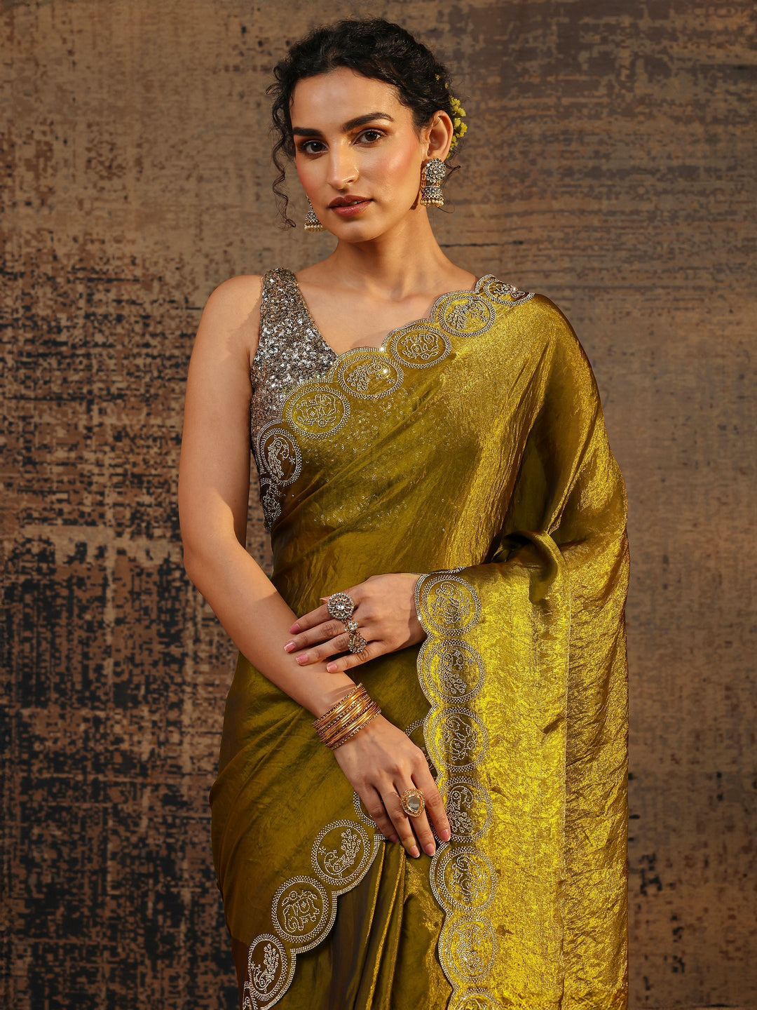  Olive Solid Tissue Saree With Unstitched Blouse Piece 