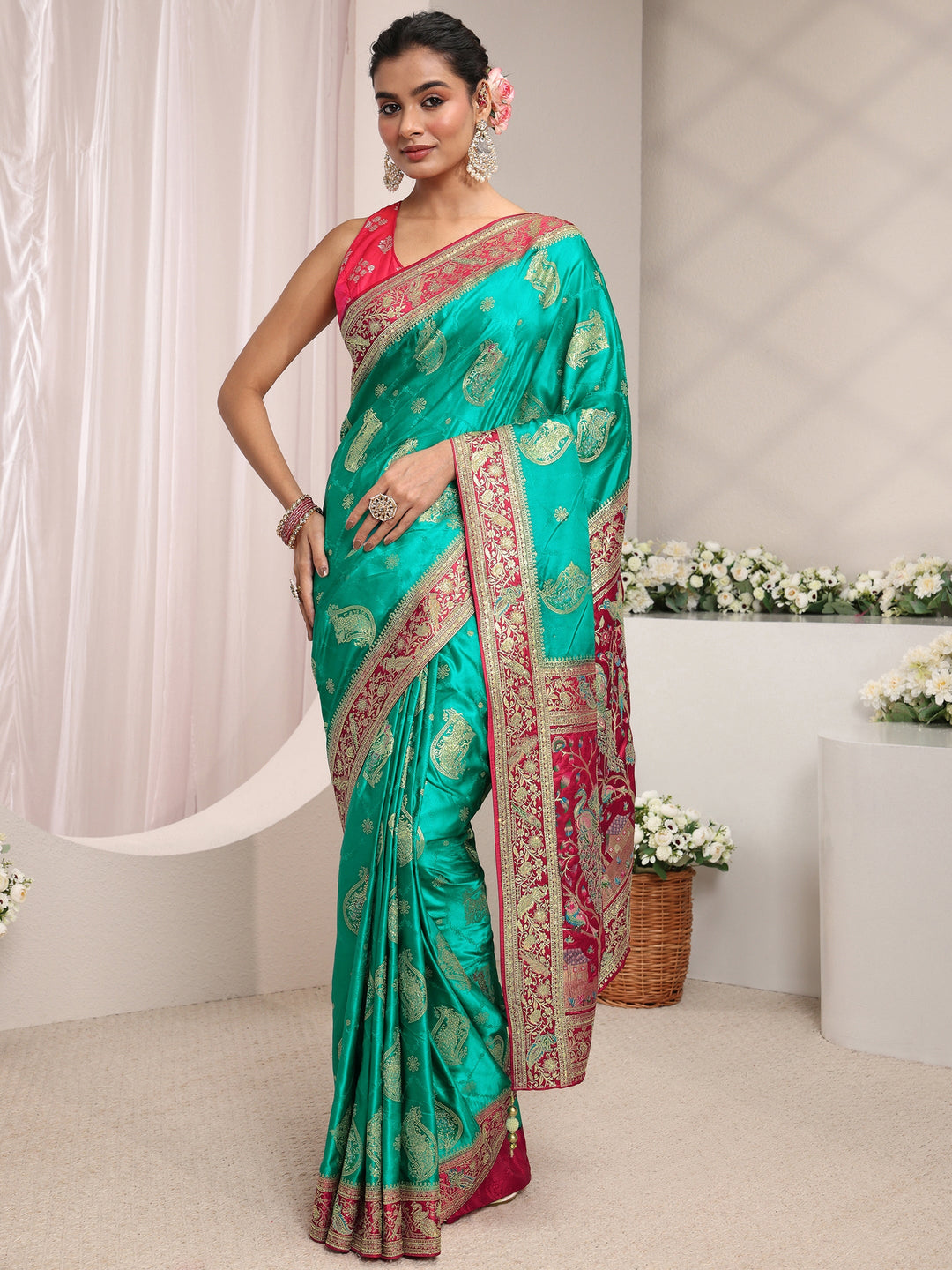  Libas Art Green Ethnic Woven Design Satin Saree With Unstitched Blouse Piece 