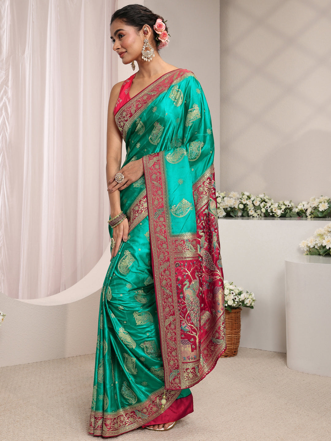  Libas Art Green Ethnic Woven Design Satin Saree With Unstitched Blouse Piece 