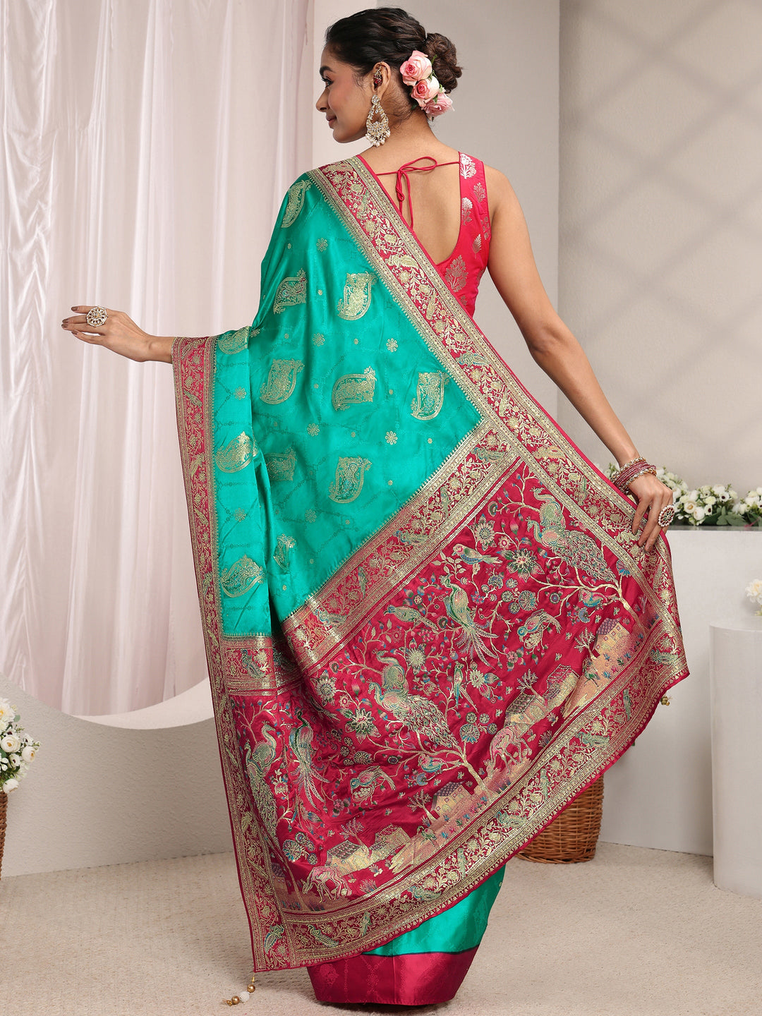  Libas Art Green Ethnic Woven Design Satin Saree With Unstitched Blouse Piece 