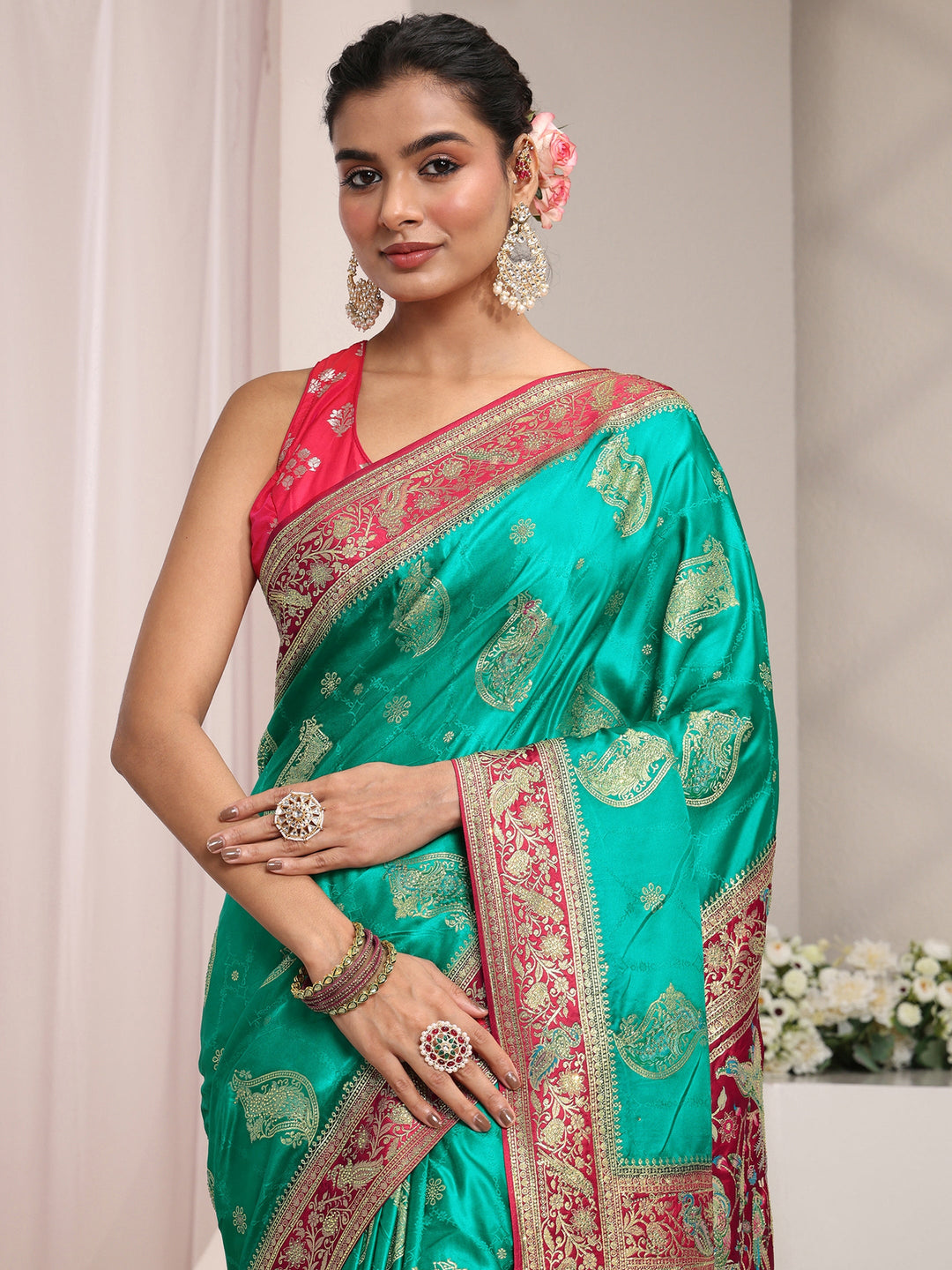  Libas Art Green Ethnic Woven Design Satin Saree With Unstitched Blouse Piece 