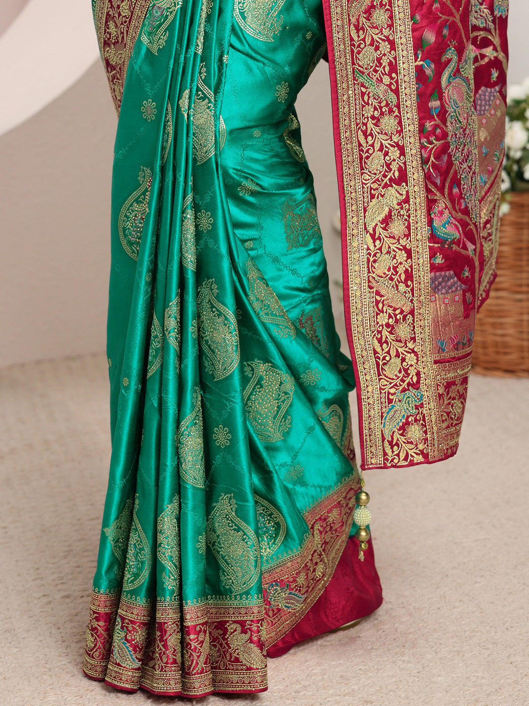  Libas Art Green Ethnic Woven Design Satin Saree With Unstitched Blouse Piece 