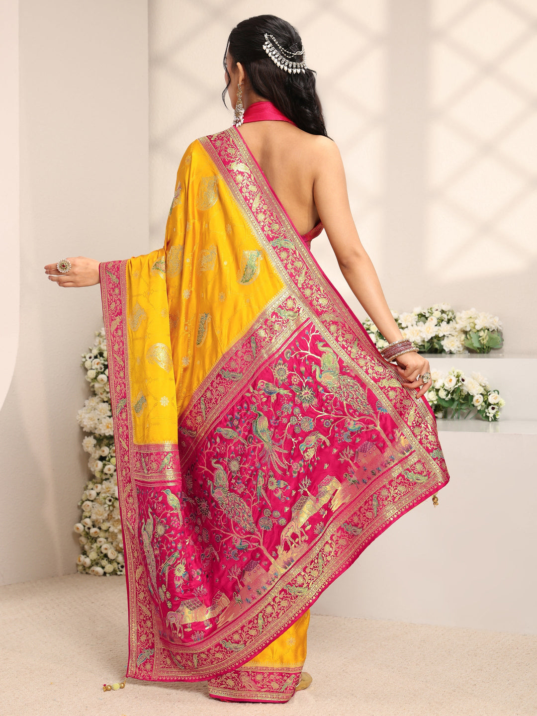  Libas Art Mustard Ethnic Motif Self Design Satin Saree 
