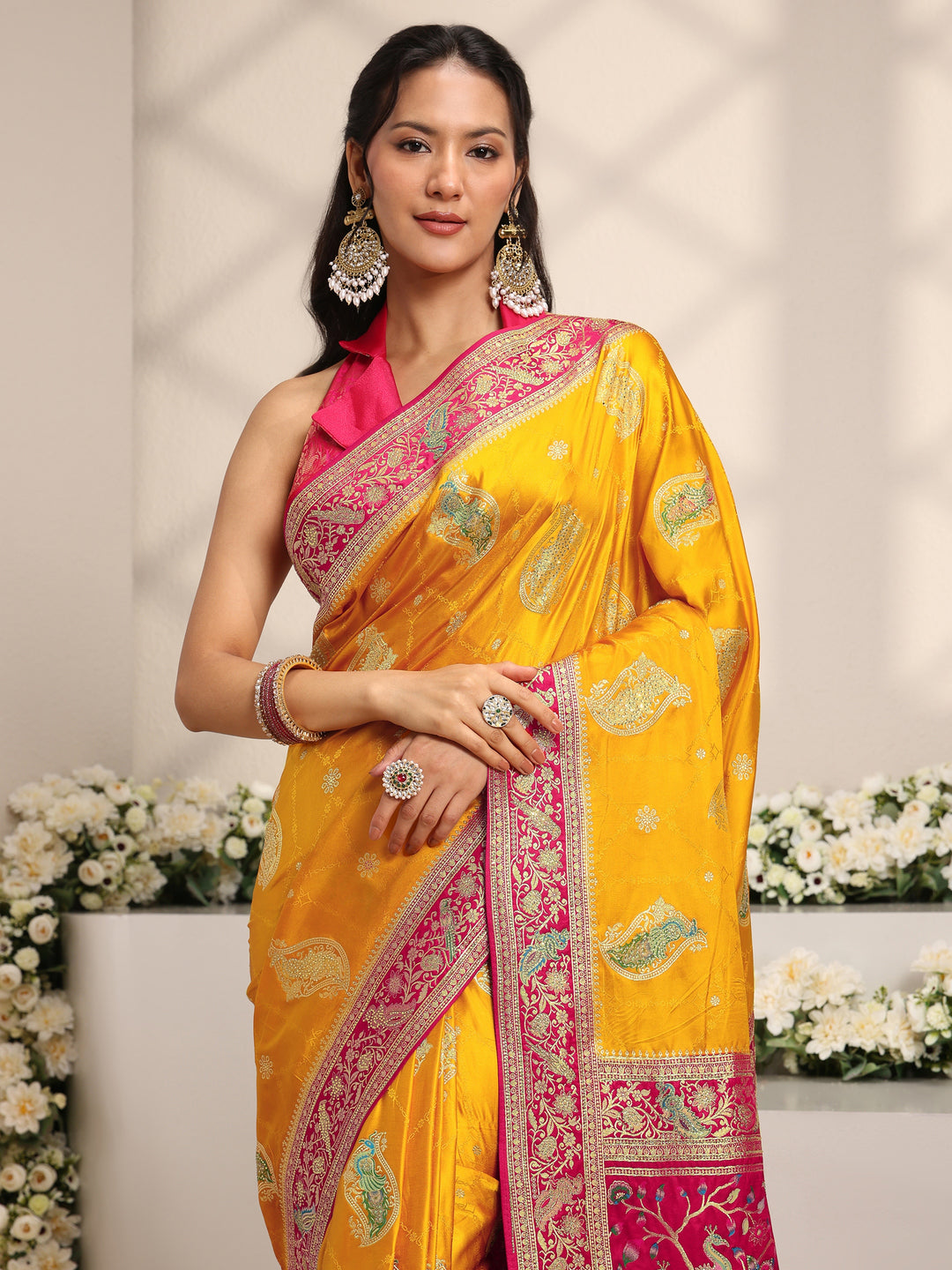  Libas Art Mustard Ethnic Motif Self Design Satin Saree 