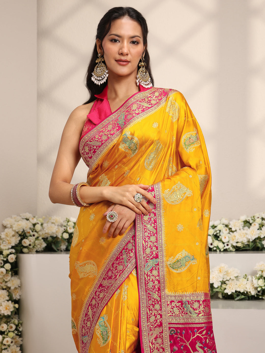  Libas Art Mustard Ethnic Motif Self Design Satin Saree 